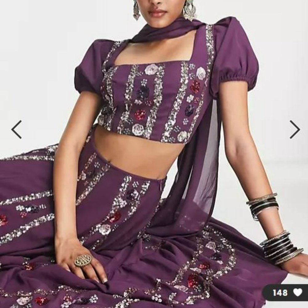 Floral and stripe lehenga - purple and sequin